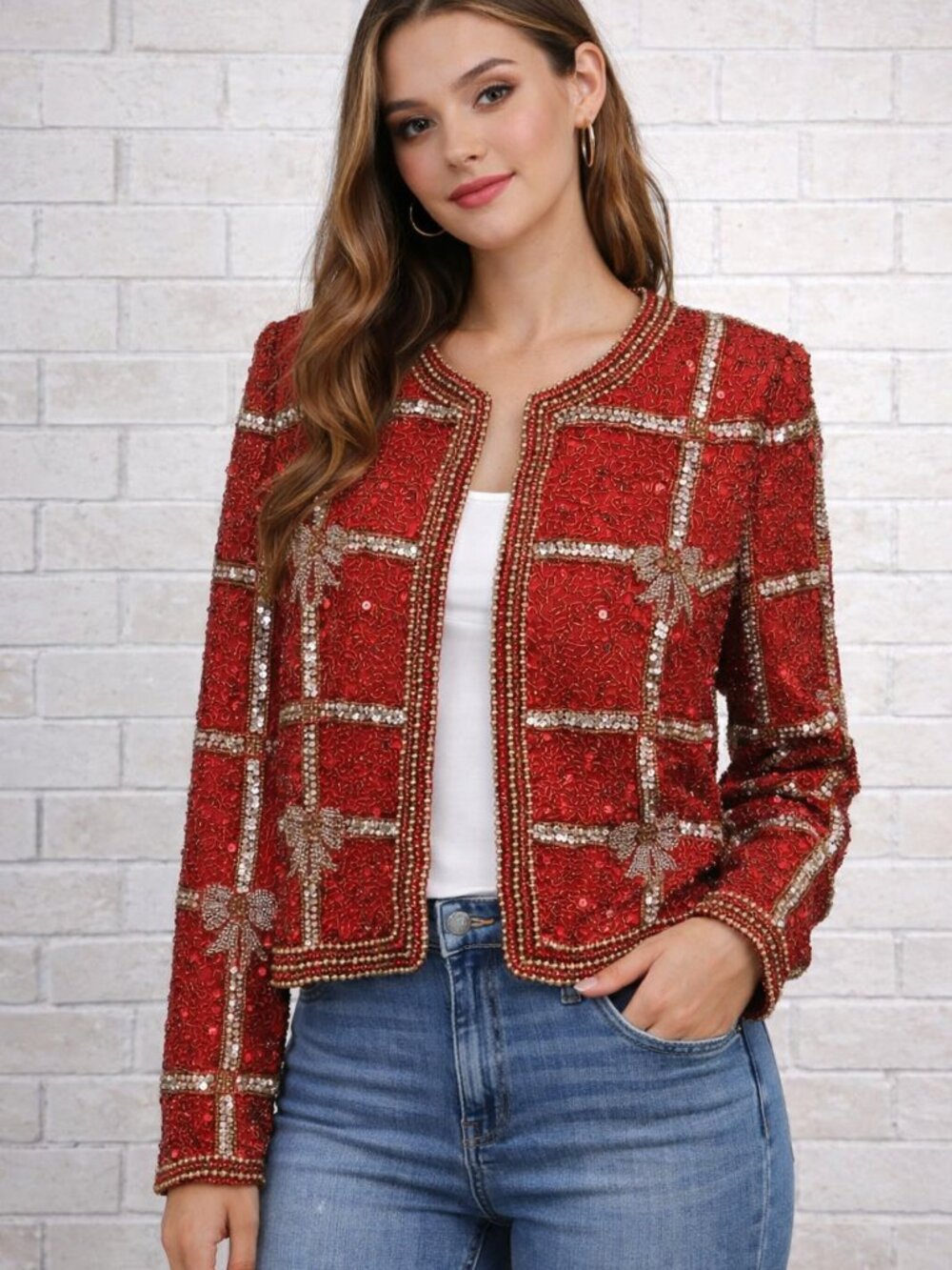 Laurence Kazar Vintage Silk Red Sequin Jacket with Bow Accents